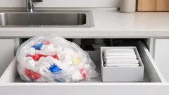 Trik, ako poskladať tašky s uškami na štvorce a ušetriť miesto v kuchyni